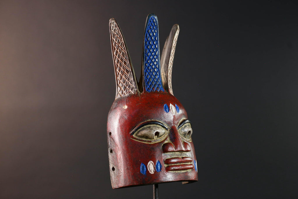 African tribal wall mask red face bwoom songye art carved sculpture mask with crest african wall decor handmade rustic gift for him-G5537