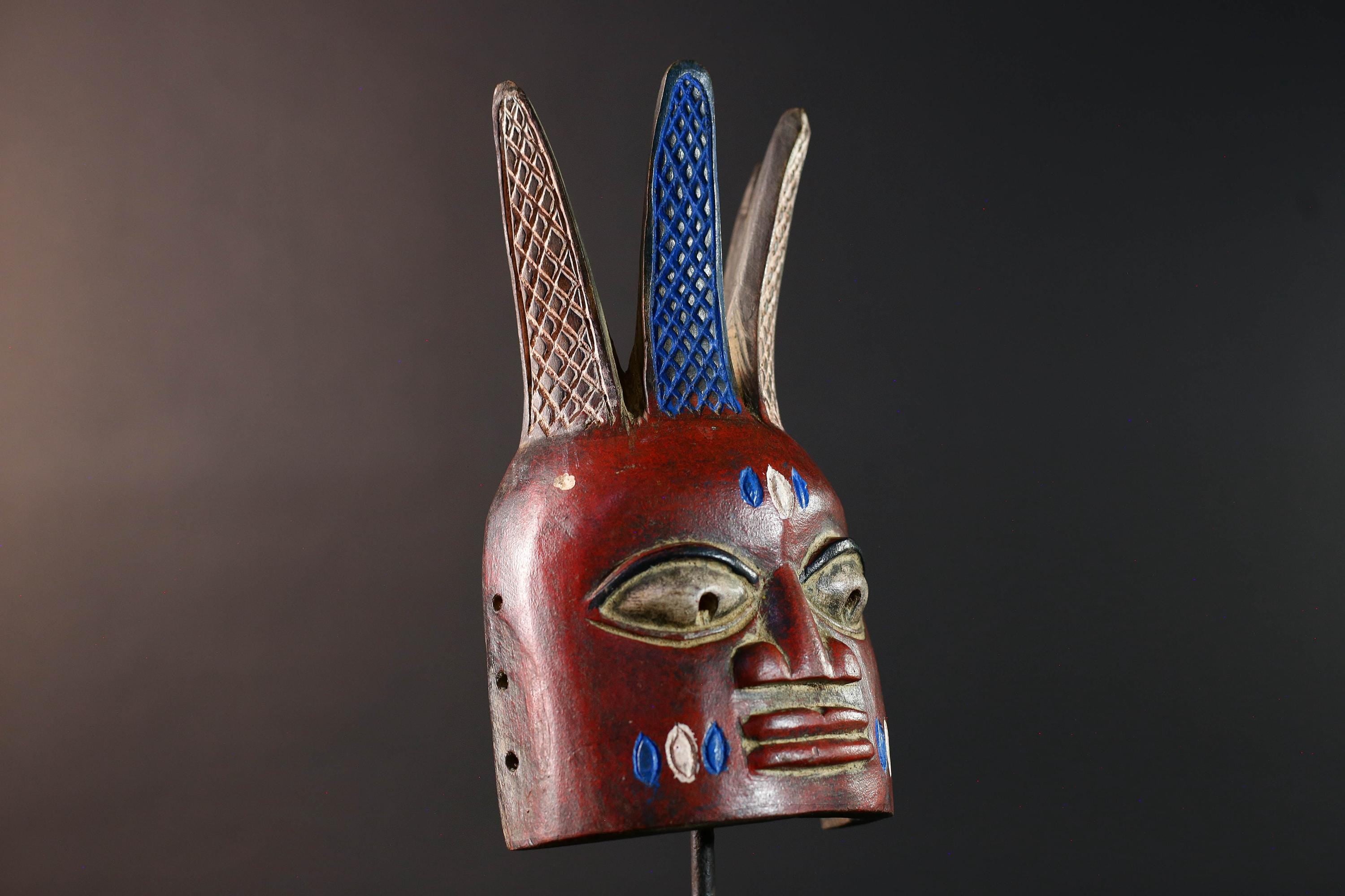 African tribal wall mask red face bwoom songye art carved sculpture mask with crest african wall decor handmade rustic gift for him-G5537