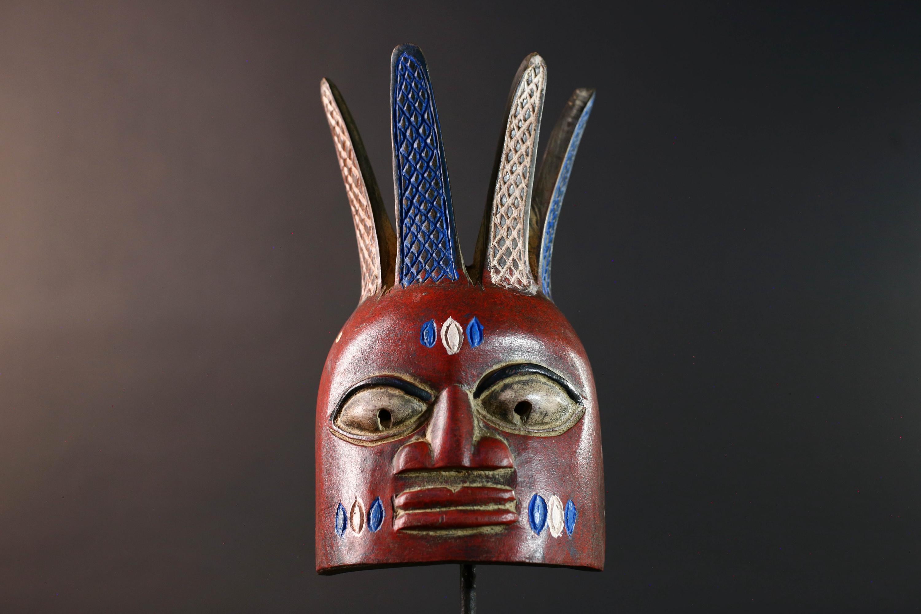 African tribal wall mask red face bwoom songye art carved sculpture mask with crest african wall decor handmade rustic gift for him-G5537