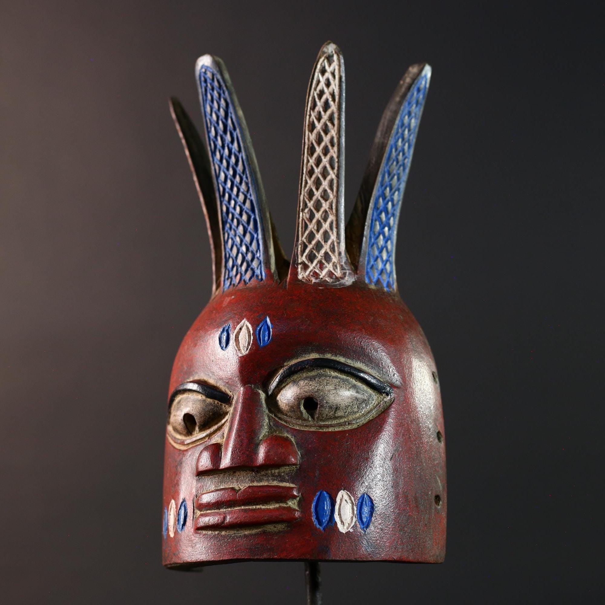 African tribal wall mask red face bwoom songye art carved sculpture mask with crest african wall decor handmade rustic gift for him-G5537