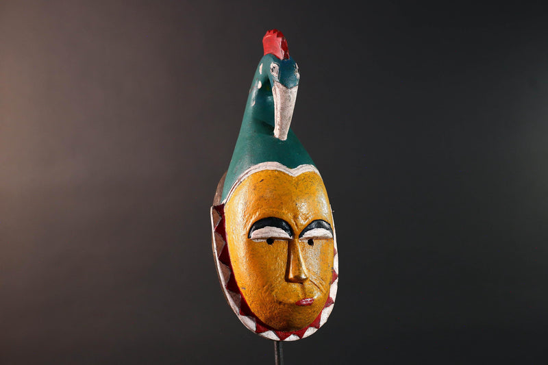 African guro bird mask wall decor yellow face tribal sculpture art hand carved wall hanging african home accent gift for him rustic-G5536