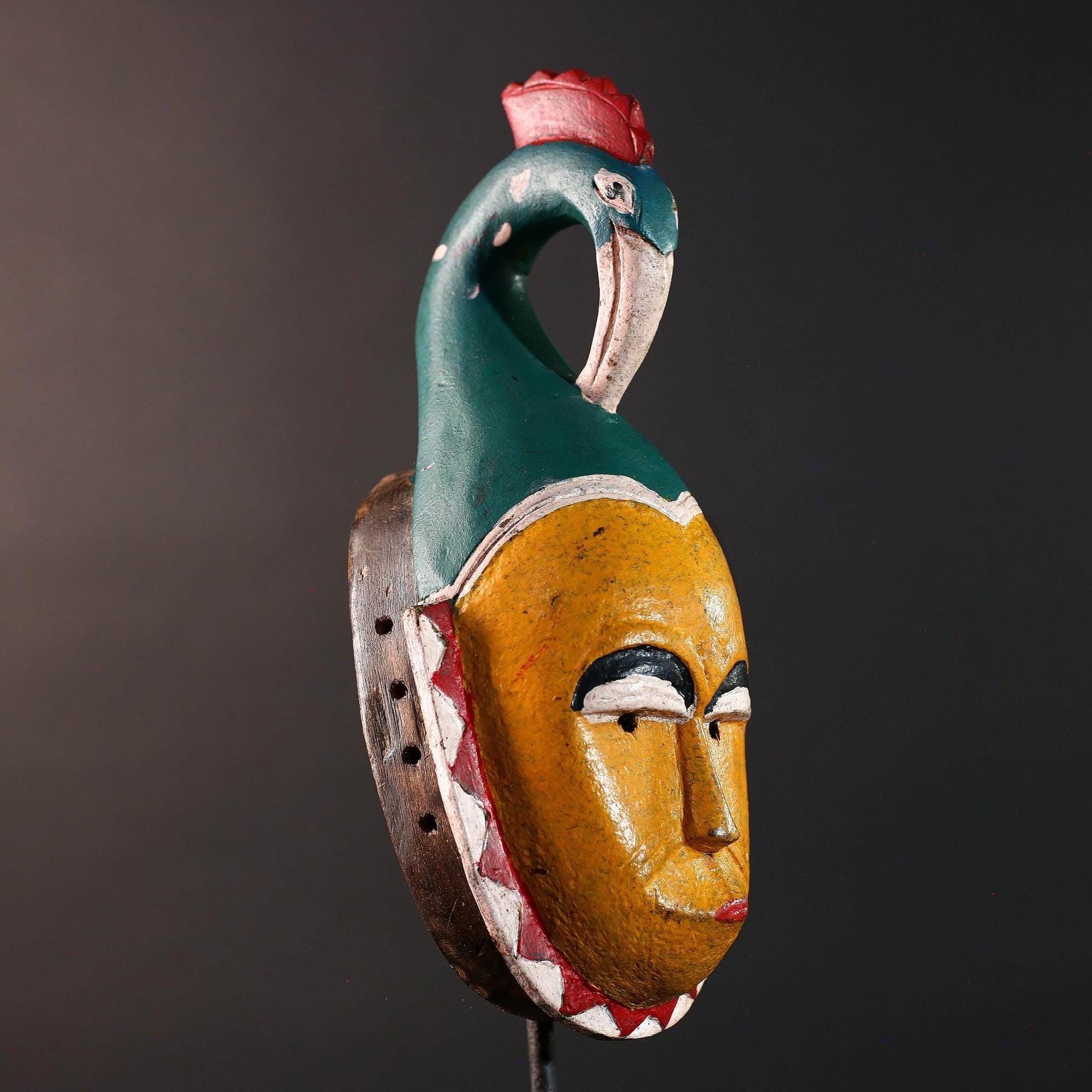 African guro bird mask wall decor yellow face tribal sculpture art hand carved wall hanging african home accent gift for him rustic-G5536