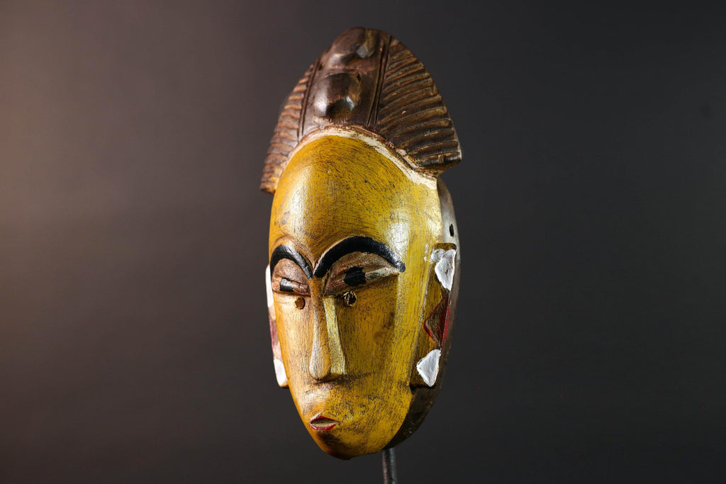 African baule wall mask yellow face tribal art hand carved wood sculpture african wall decor rustic home accent gift for him portrait-G5535