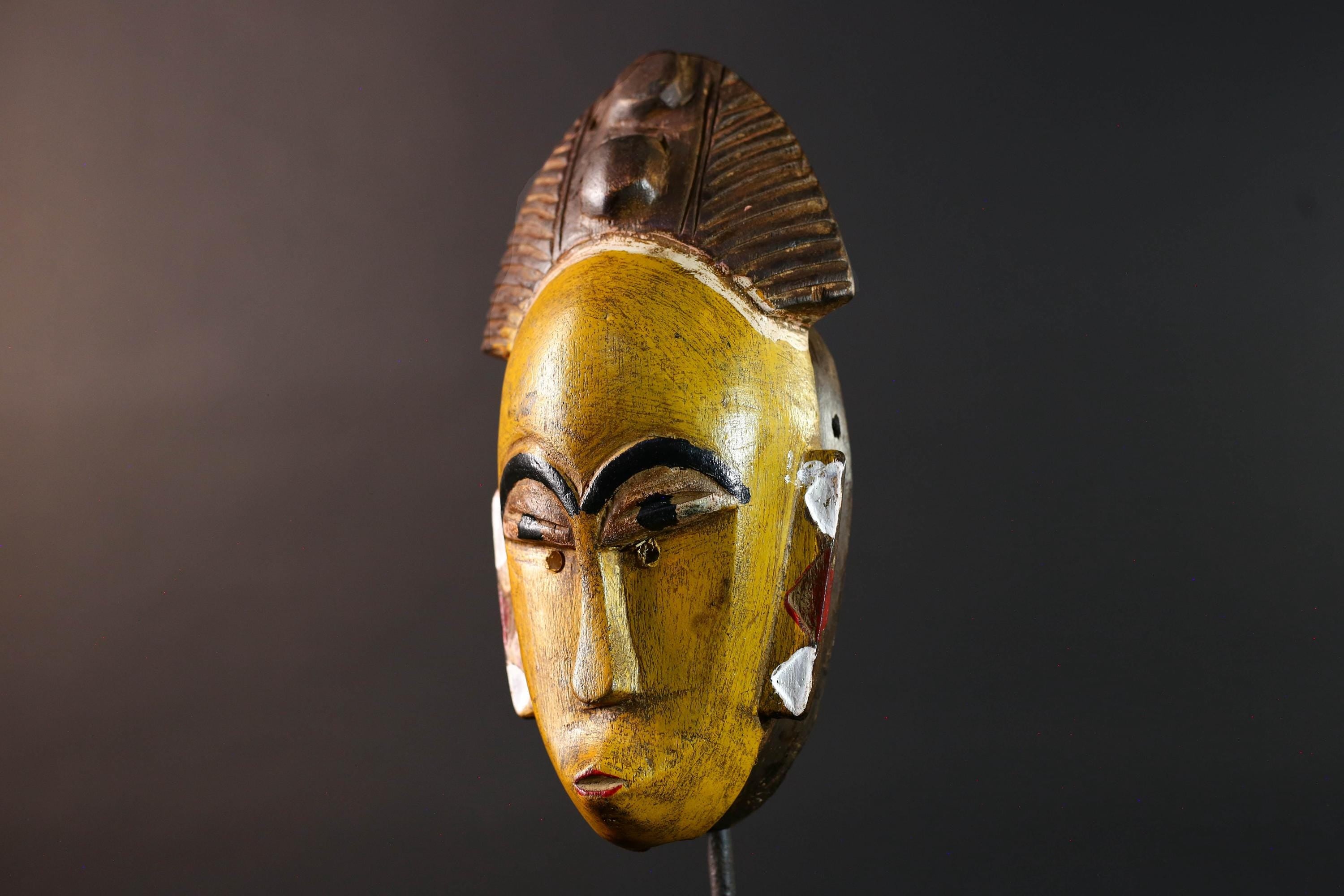 African baule wall mask yellow face tribal art hand carved wood sculpture african wall decor rustic home accent gift for him portrait-G5535