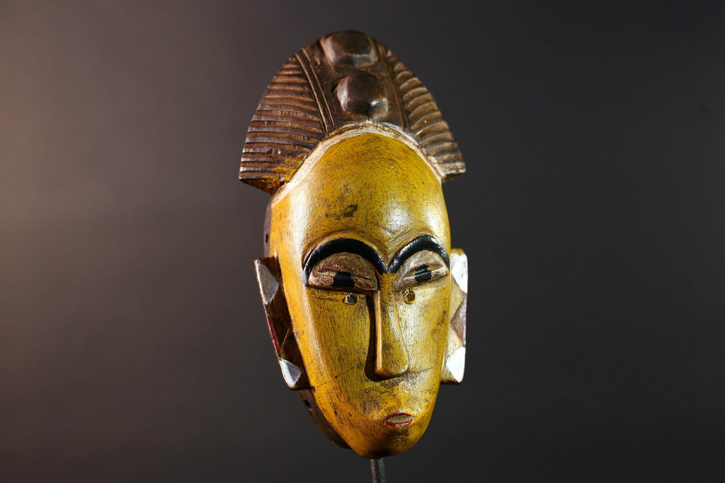 African baule wall mask yellow face tribal art hand carved wood sculpture african wall decor rustic home accent gift for him portrait-G5535