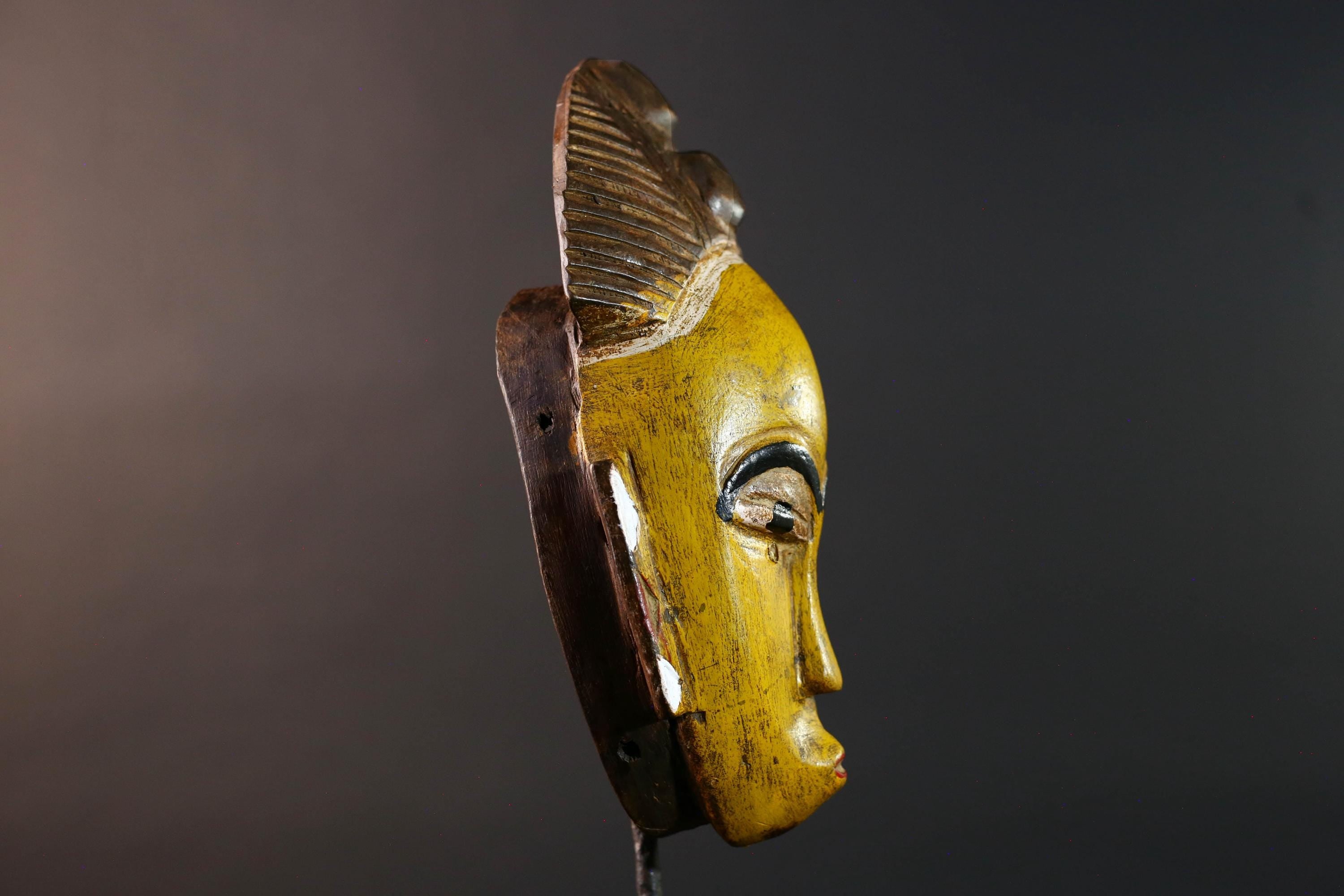 African baule wall mask yellow face tribal art hand carved wood sculpture african wall decor rustic home accent gift for him portrait-G5535