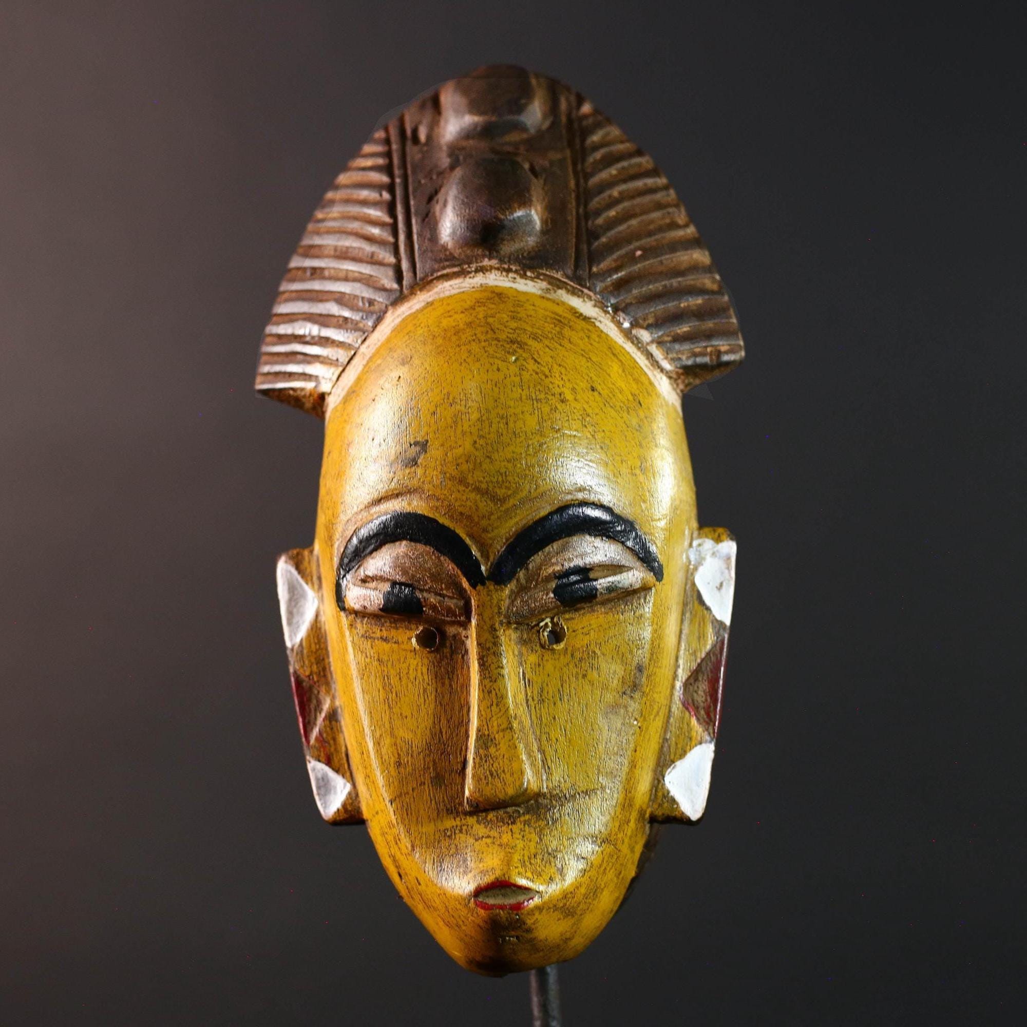 African baule wall mask yellow face tribal art hand carved wood sculpture african wall decor rustic home accent gift for him portrait-G5535
