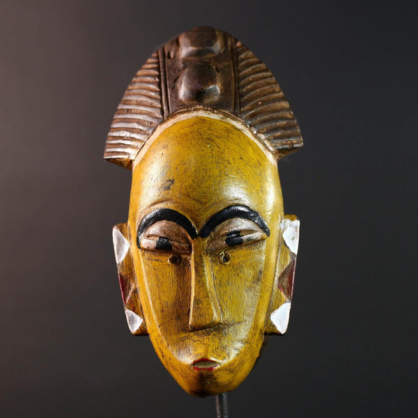 African baule wall mask yellow face tribal art hand carved wood sculpture african wall decor rustic home accent gift for him portrait-G5535