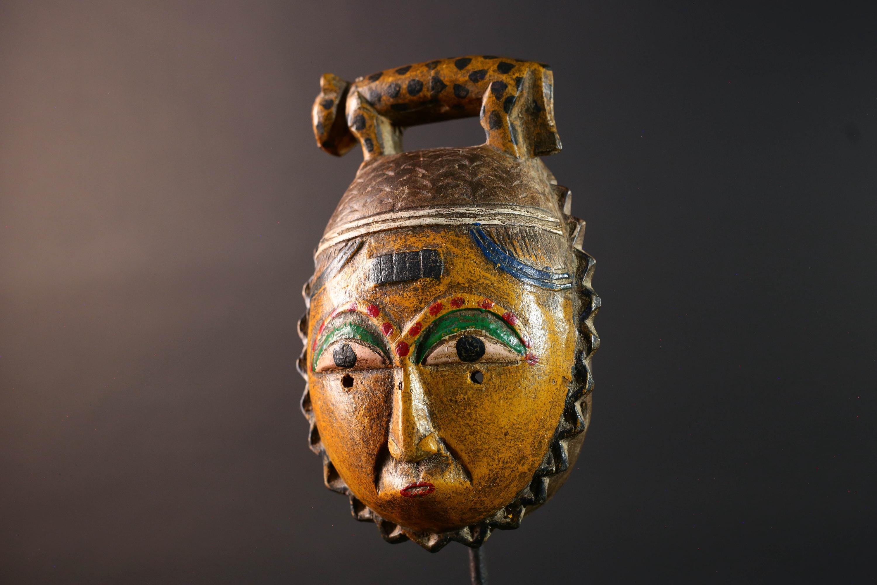 African guro mask wall decor yellow tribal art with animal crest hand carved face sculpture rustic african home gift for him portrait-G5534