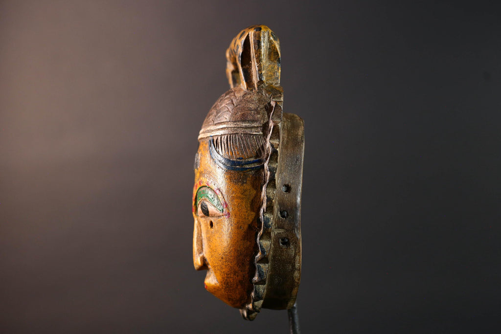 African guro mask wall decor yellow tribal art with animal crest hand carved face sculpture rustic african home gift for him portrait-G5534