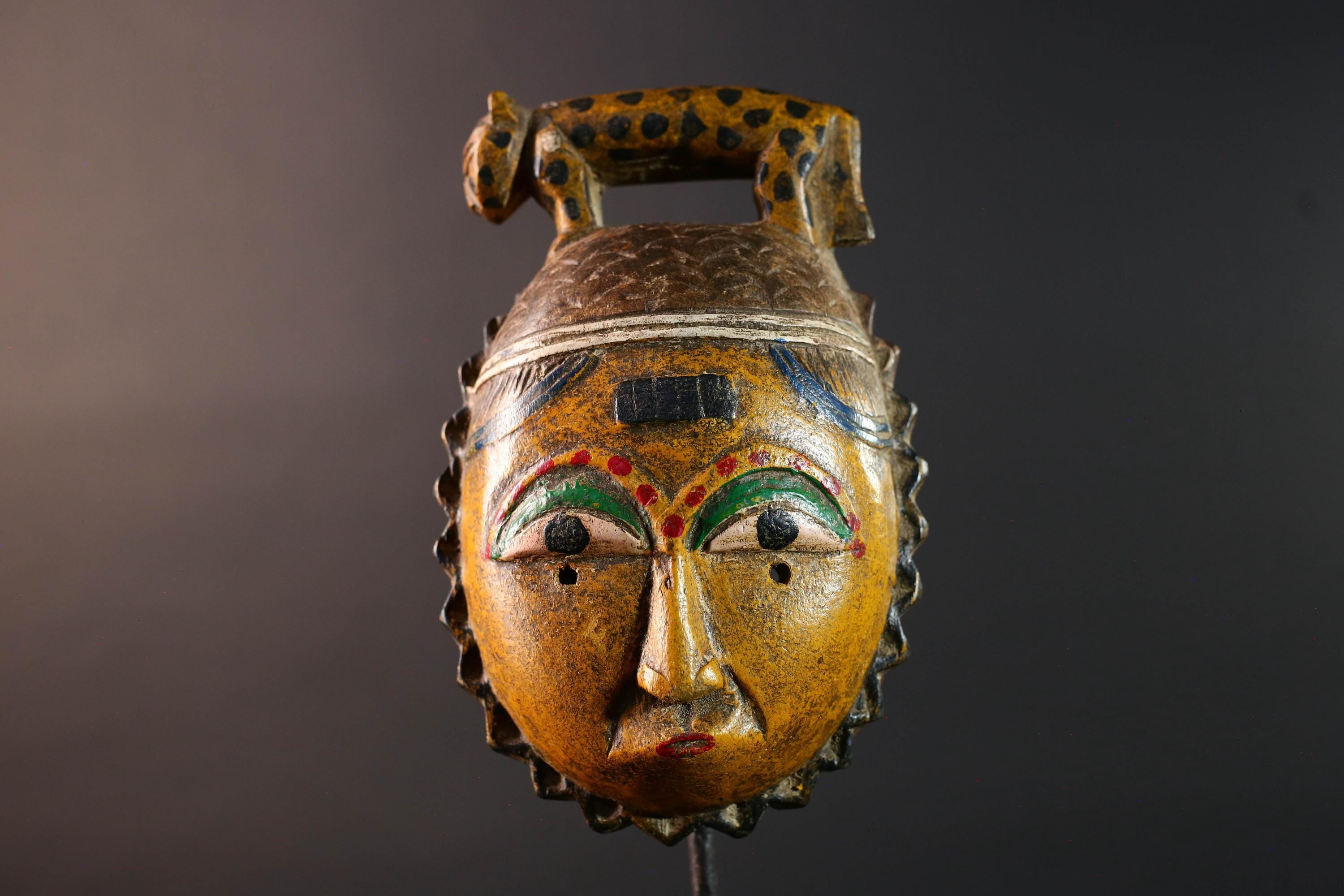 African guro mask wall decor yellow tribal art with animal crest hand carved face sculpture rustic african home gift for him portrait-G5534