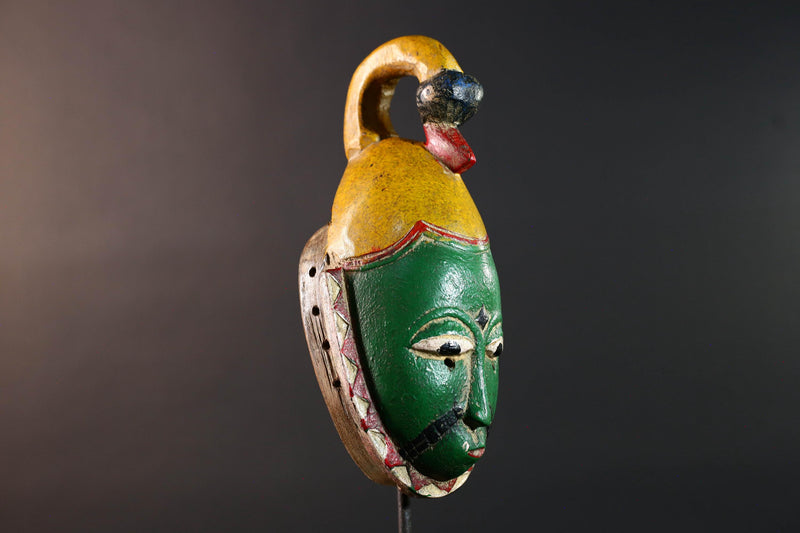 Africa guro mask green face with bird crest tribal art sculpture hand carved wood wall hanging african decor gift for him rustic piece-G5533