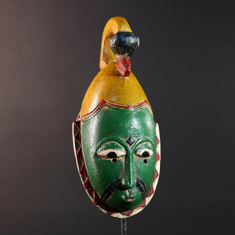 Africa guro mask green face with bird crest tribal art sculpture hand carved wood wall hanging african decor gift for him rustic piece-G5533