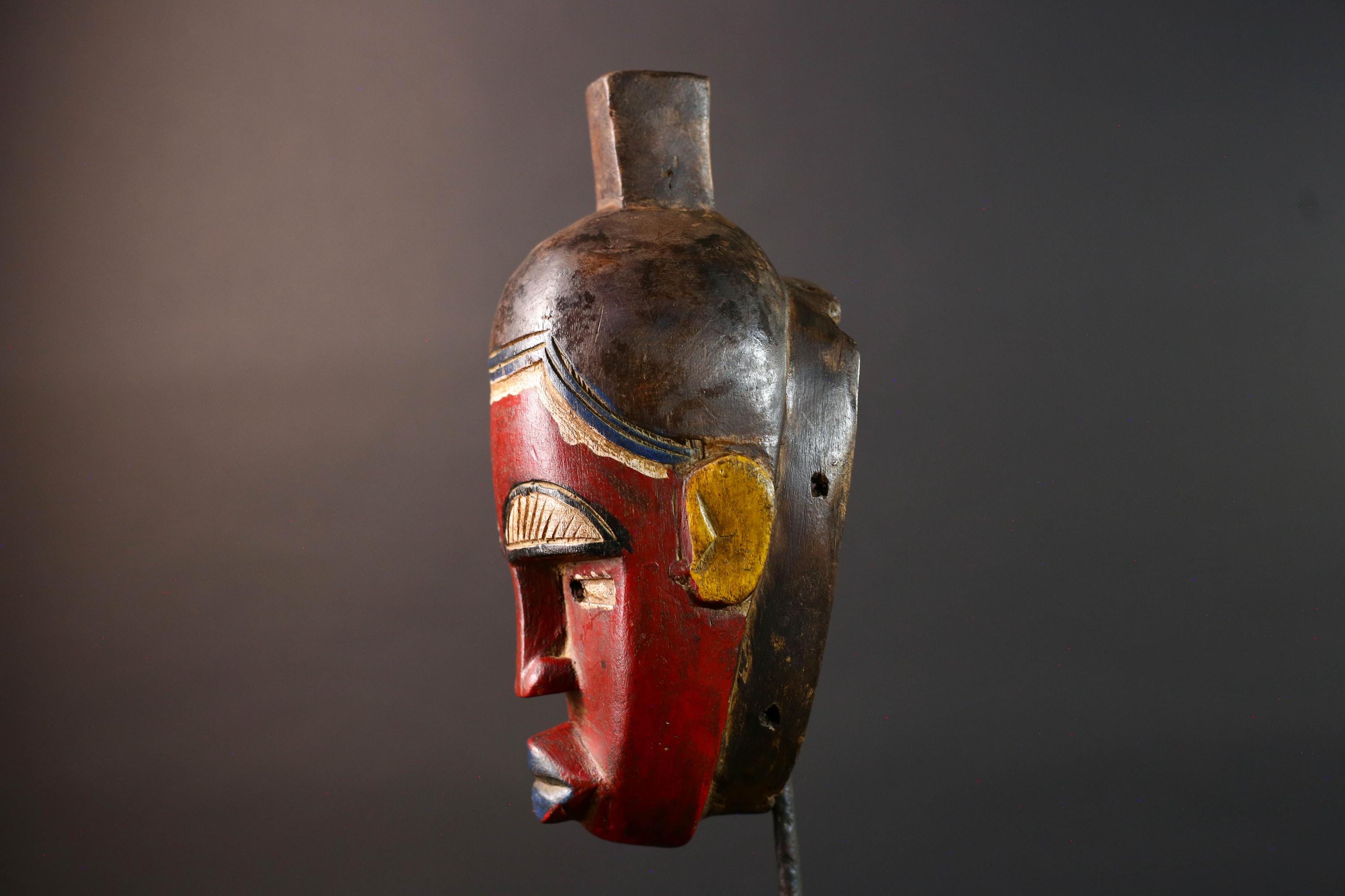 African baule wall mask red tribal face carved art sculpture with blue lips yellow ears rustic african decor gift for him hand carved-G5532