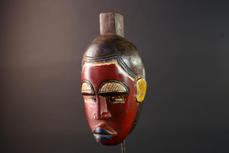 African baule wall mask red tribal face carved art sculpture with blue lips yellow ears rustic african decor gift for him hand carved-G5532
