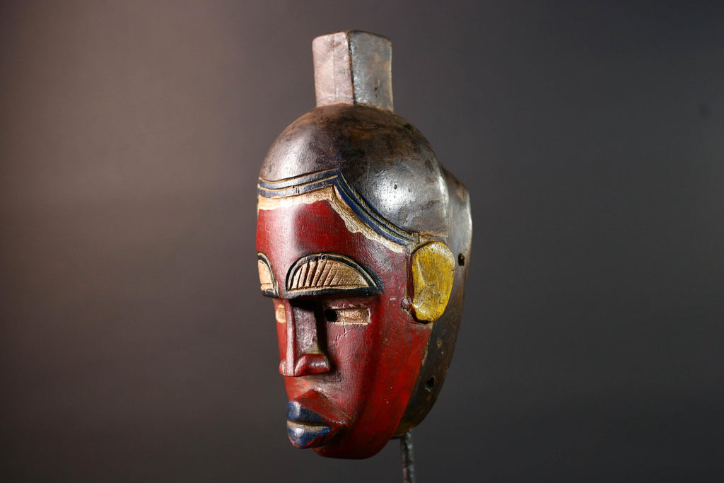 African baule wall mask red tribal face carved art sculpture with blue lips yellow ears rustic african decor gift for him hand carved-G5532