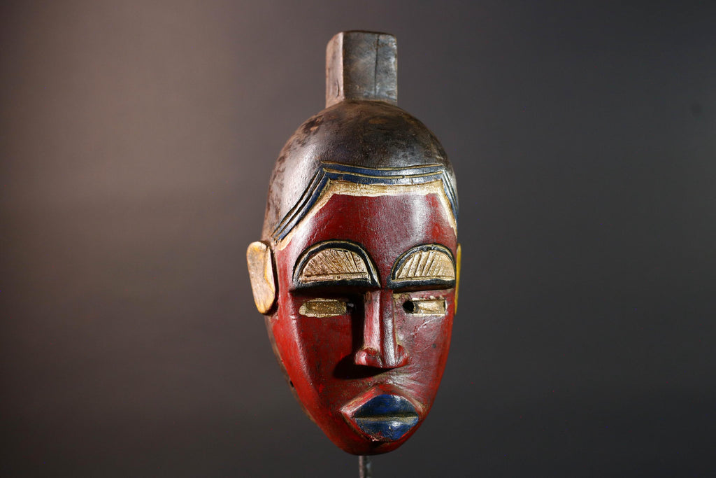 African baule wall mask red tribal face carved art sculpture with blue lips yellow ears rustic african decor gift for him hand carved-G5532