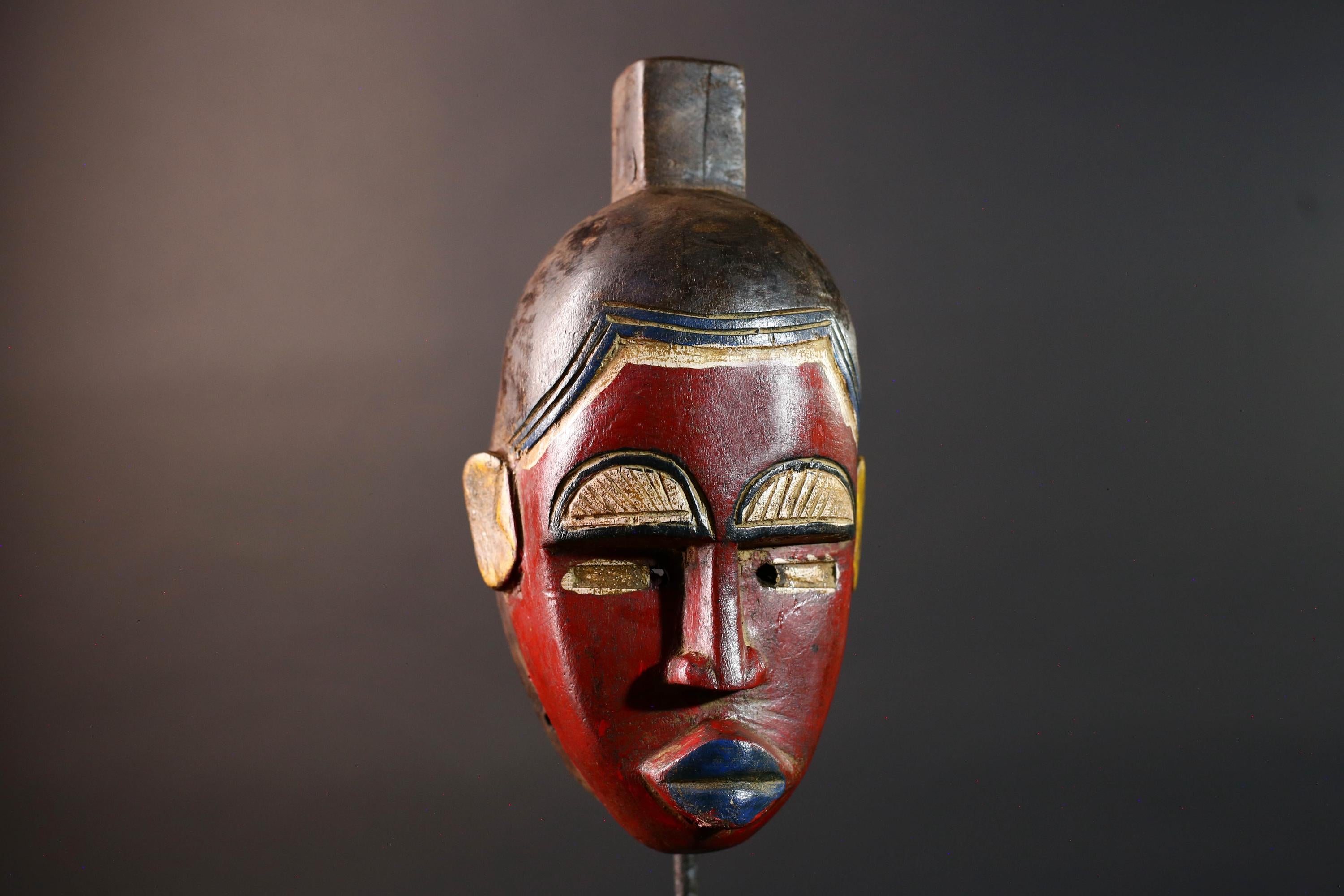African baule wall mask red tribal face carved art sculpture with blue lips yellow ears rustic african decor gift for him hand carved-G5532