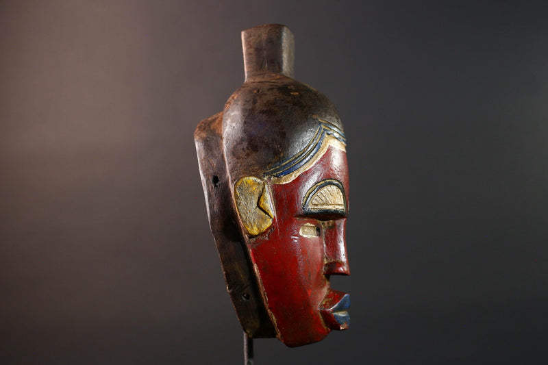 African baule wall mask red tribal face carved art sculpture with blue lips yellow ears rustic african decor gift for him hand carved-G5532