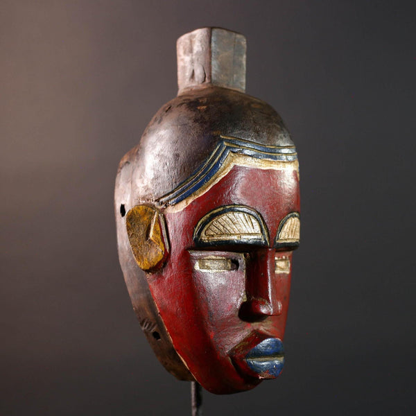 African baule wall mask red tribal face carved art sculpture with blue lips yellow ears rustic african decor gift for him hand carved-G5532