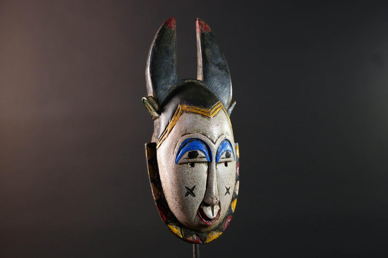 Africa guro mask light face with blue brow horns tribal art wall sculpture hand carved mask rustic decor african gift for him portrait-G5531