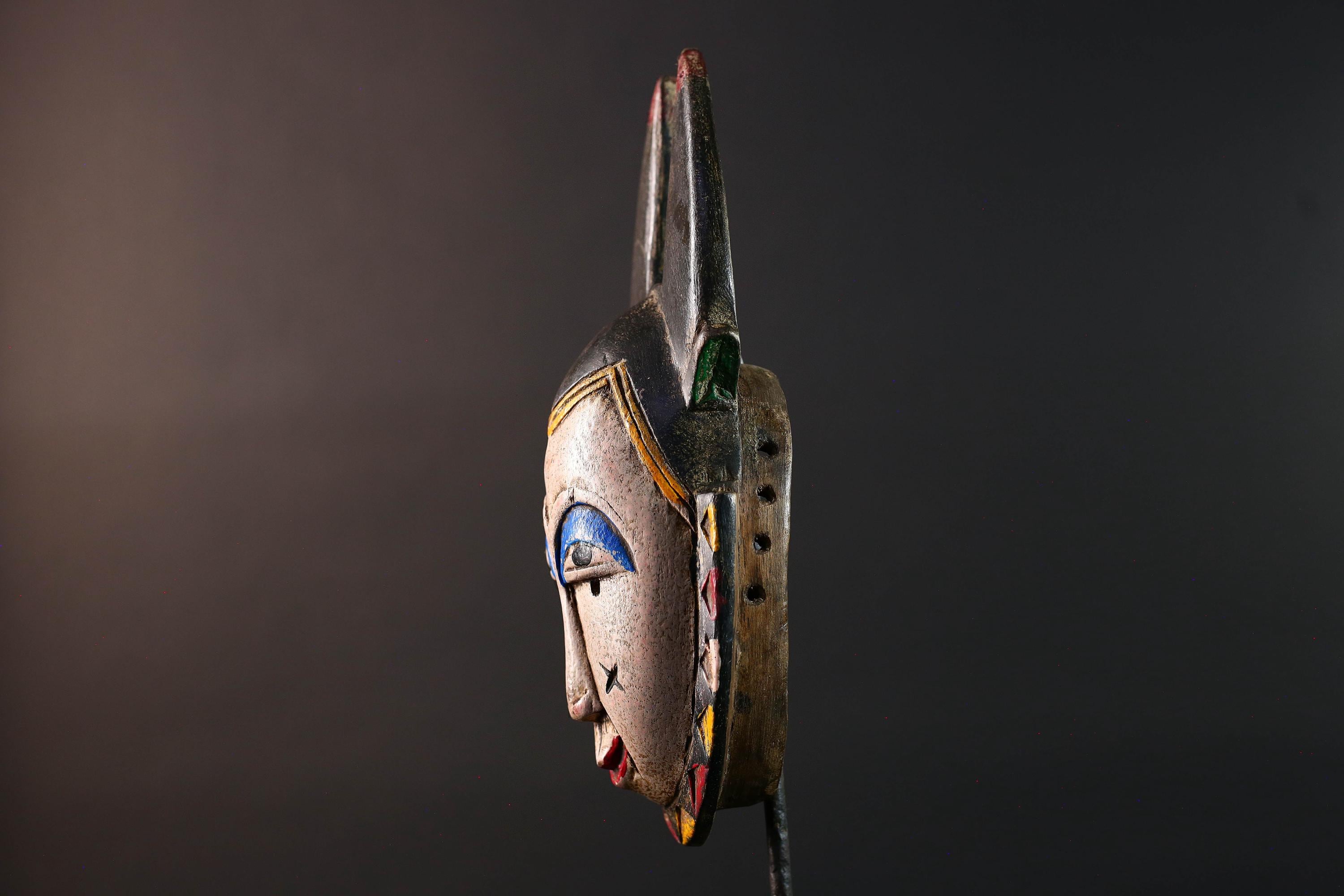 Africa guro mask light face with blue brow horns tribal art wall sculpture hand carved mask rustic decor african gift for him portrait-G5531