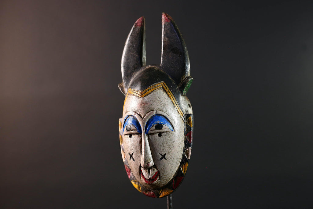 Africa guro mask light face with blue brow horns tribal art wall sculpture hand carved mask rustic decor african gift for him portrait-G5531