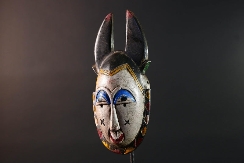 Africa guro mask light face with blue brow horns tribal art wall sculpture hand carved mask rustic decor african gift for him portrait-G5531