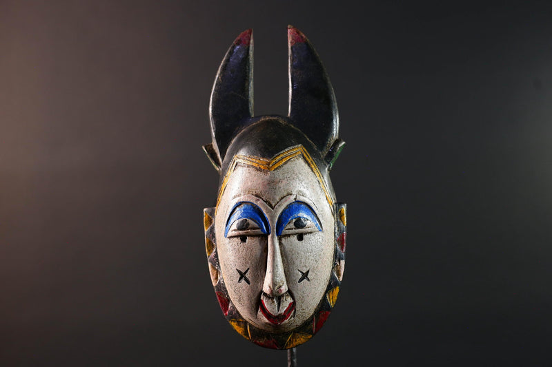 Africa guro mask light face with blue brow horns tribal art wall sculpture hand carved mask rustic decor african gift for him portrait-G5531