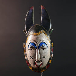 Africa guro mask light face with blue brow horns tribal art wall sculpture hand carved mask rustic decor african gift for him portrait-G5531