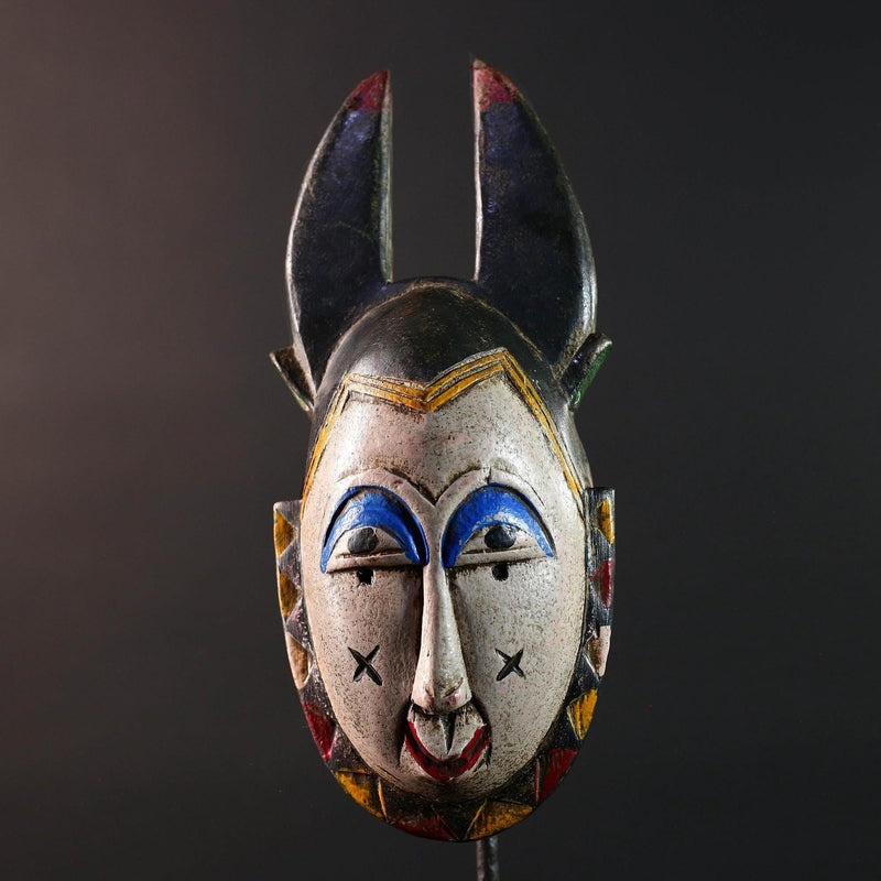 Africa guro mask light face with blue brow horns tribal art wall sculpture hand carved mask rustic decor african gift for him portrait-G5531