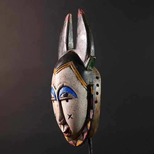Africa guro mask light face with blue brow horns tribal art wall sculpture hand carved mask rustic decor african gift for him portrait-G5531