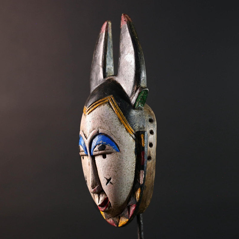 Africa guro mask light face with blue brow horns tribal art wall sculpture hand carved mask rustic decor african gift for him portrait-G5531