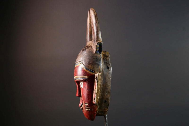 African guro mask red tribal face with horns rustic wall art hand carved mask sculpture decor gift for him portrait wall hanging-G5530