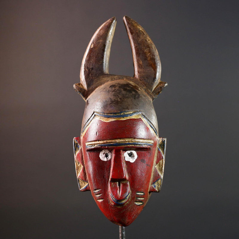 African guro mask red tribal face with horns rustic wall art hand carved mask sculpture decor gift for him portrait wall hanging-G5530