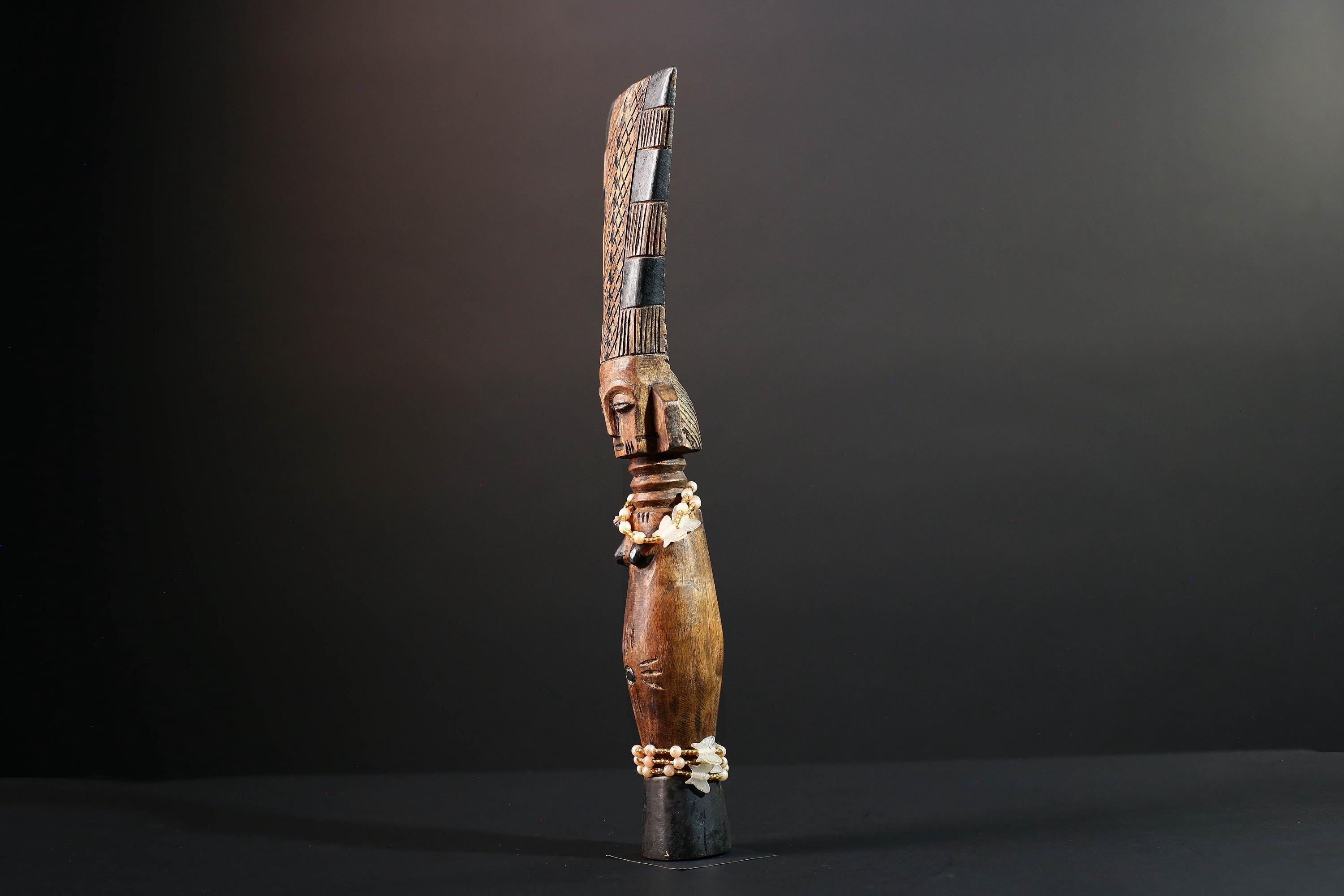 African fertility doll female sculpture wood carving with beads tribal art rustic home decor tall figure ancestral statue gift for her-G5529