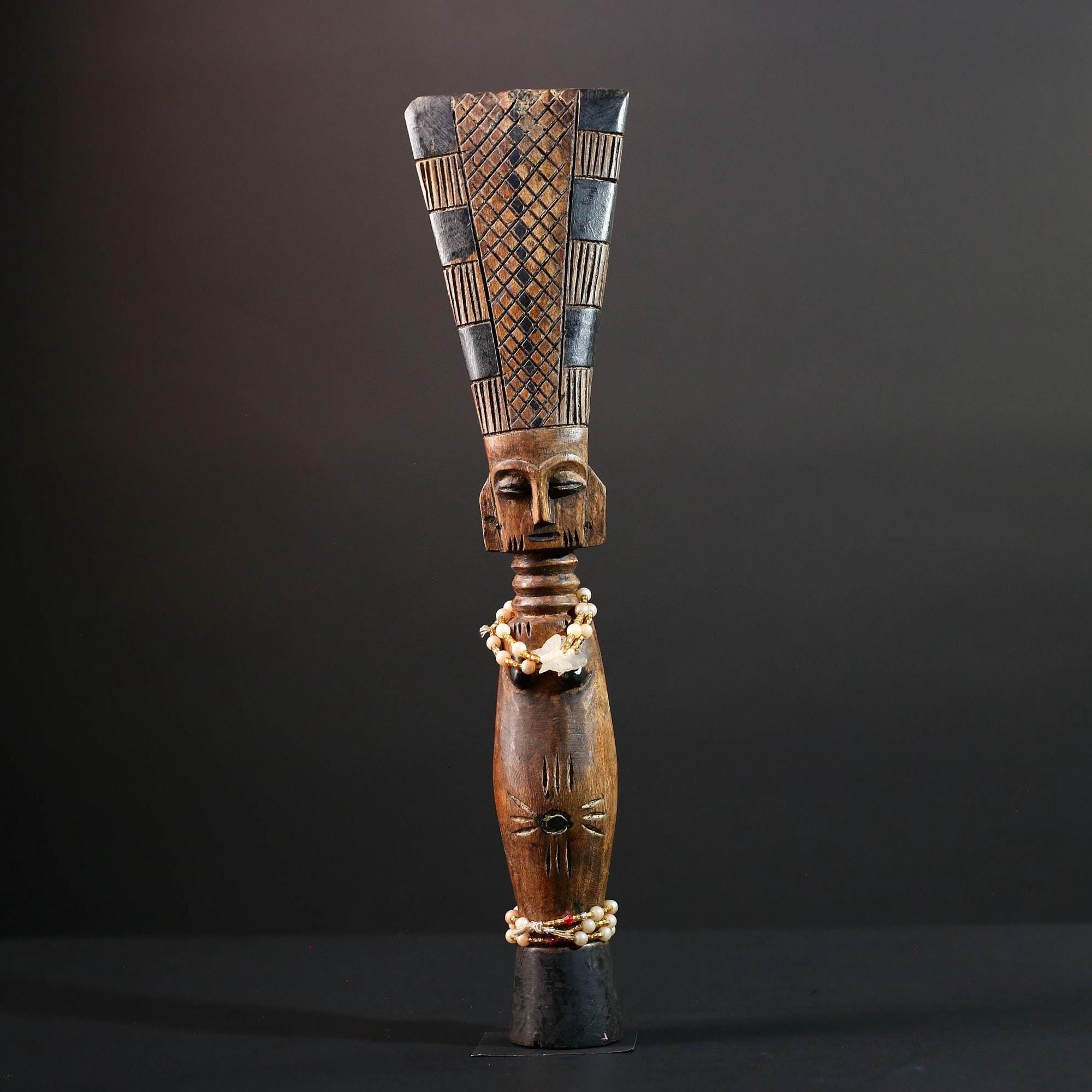 African fertility doll female sculpture wood carving with beads tribal art rustic home decor tall figure ancestral statue gift for her-G5529