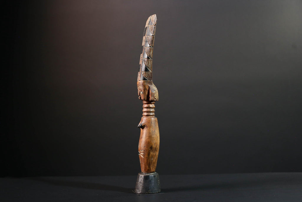 African fertility figure hand carved baule doll sculpture tribal female art tall wood statue rustic ancestral decor gift for carving-G5528
