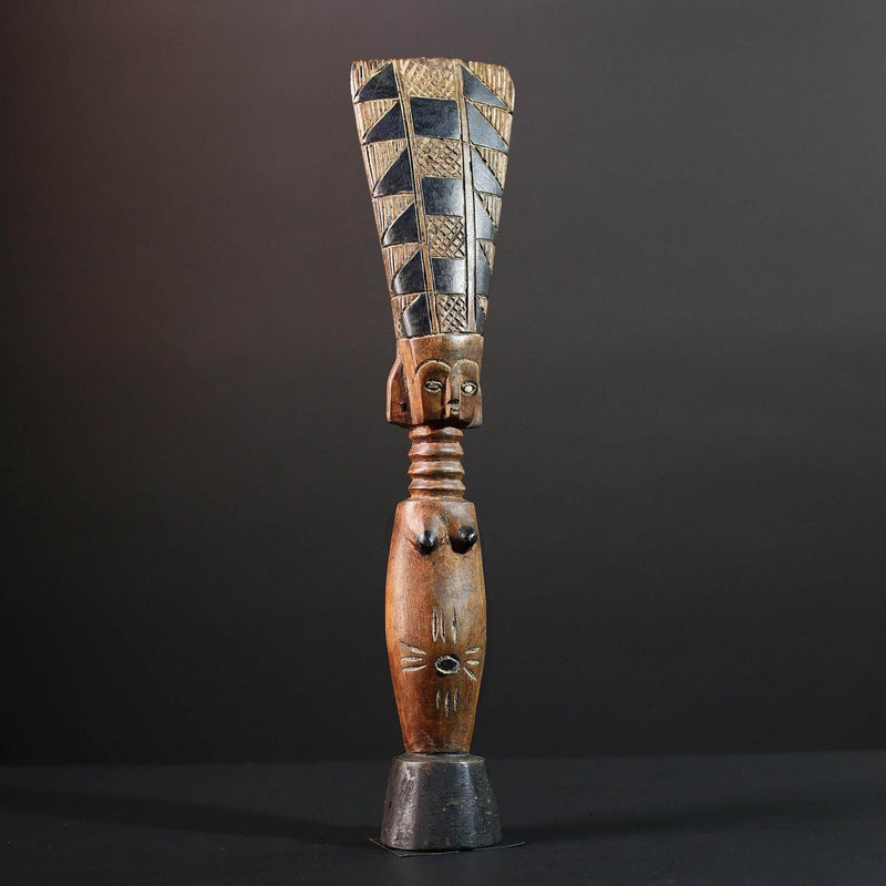 African fertility figure hand carved baule doll sculpture tribal female art tall wood statue rustic ancestral decor gift for carving-G5528