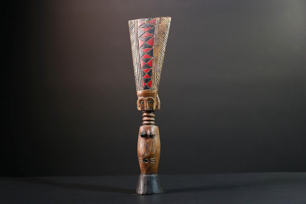 African fertility doll sculpture red crest tribal female figure hand carved wood rustic baule decor ancestral statue gift for her art-G5527