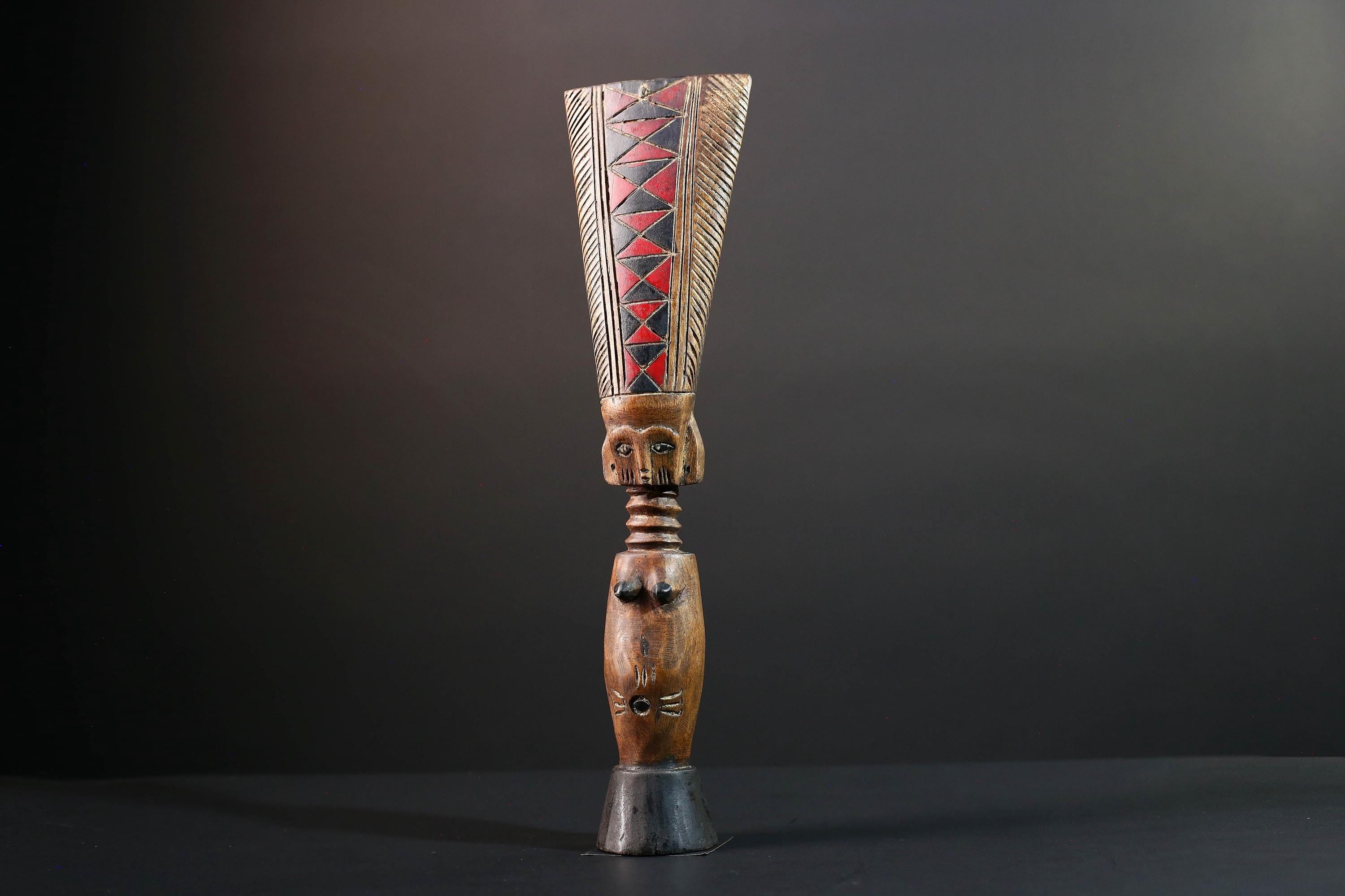 African fertility doll sculpture red crest tribal female figure hand carved wood rustic baule decor ancestral statue gift for her art-G5527