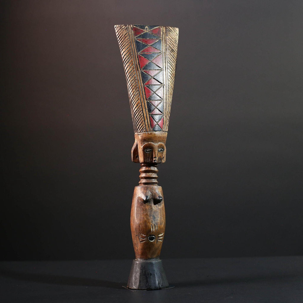 African fertility doll sculpture red crest tribal female figure hand carved wood rustic baule decor ancestral statue gift for her art-G5527
