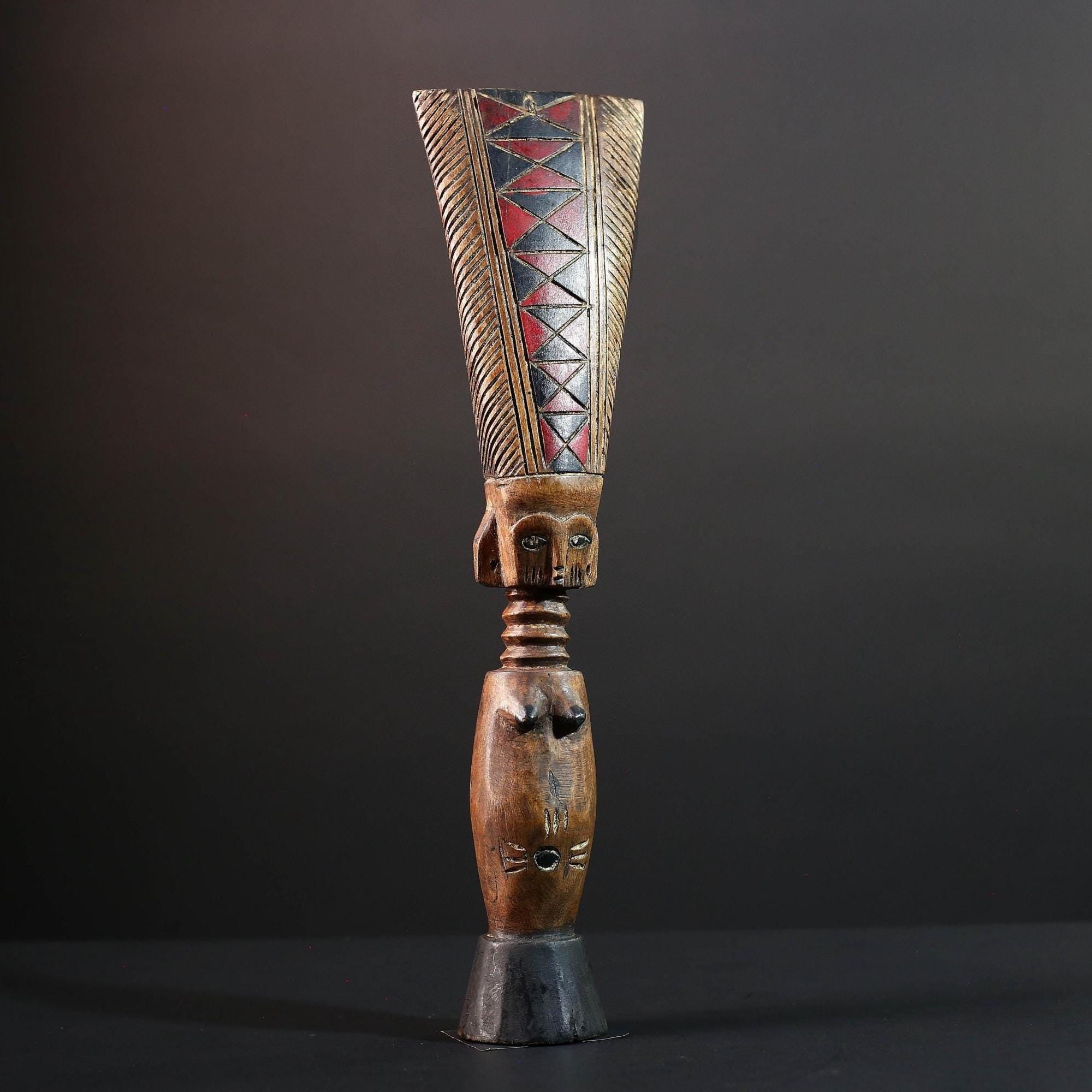 African fertility doll sculpture red crest tribal female figure hand carved wood rustic baule decor ancestral statue gift for her art-G5527