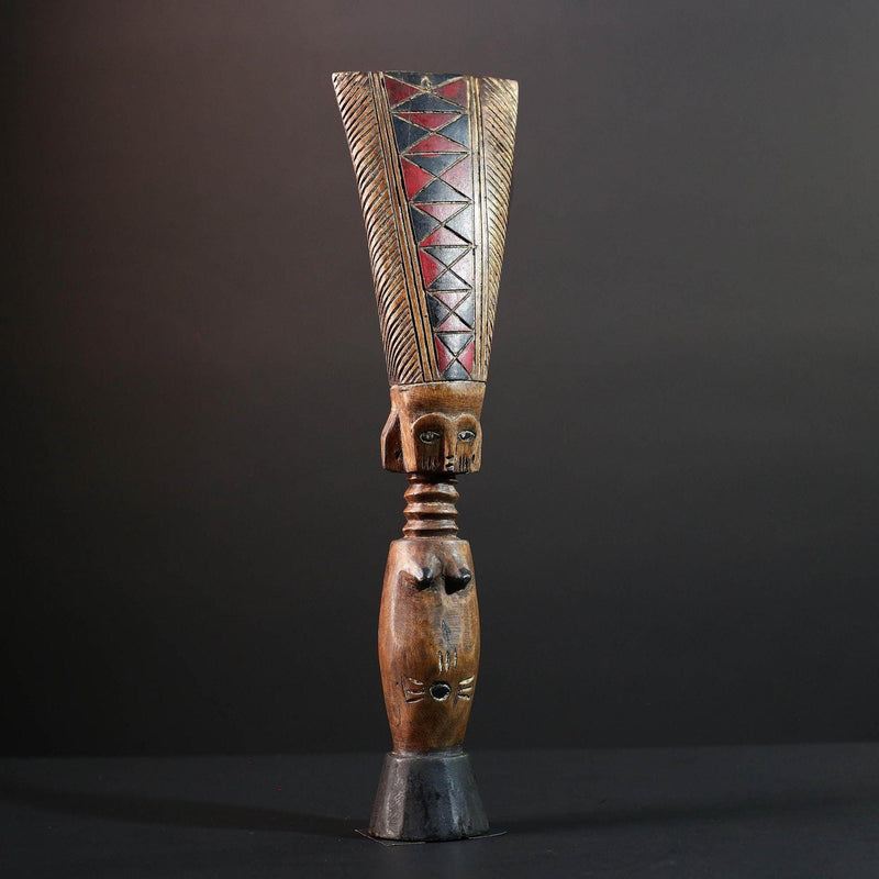 African fertility doll sculpture red crest tribal female figure hand carved wood rustic baule decor ancestral statue gift for her art-G5527