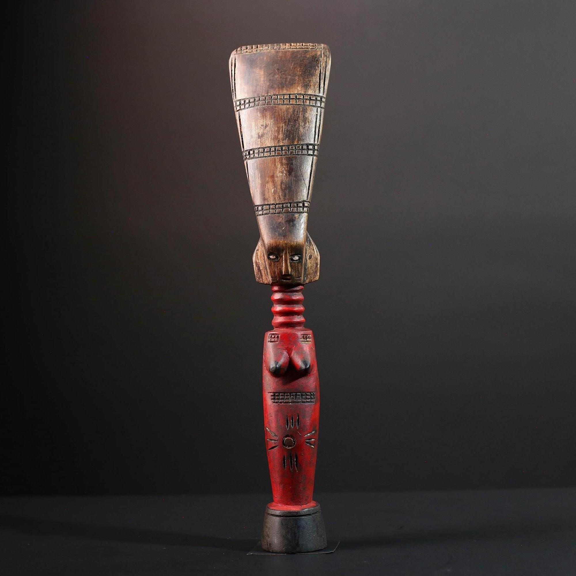 African fertility figure hand carved baule doll sculpture tribal female art tall wood statue rustic ancestral decor gift for carving-G5526