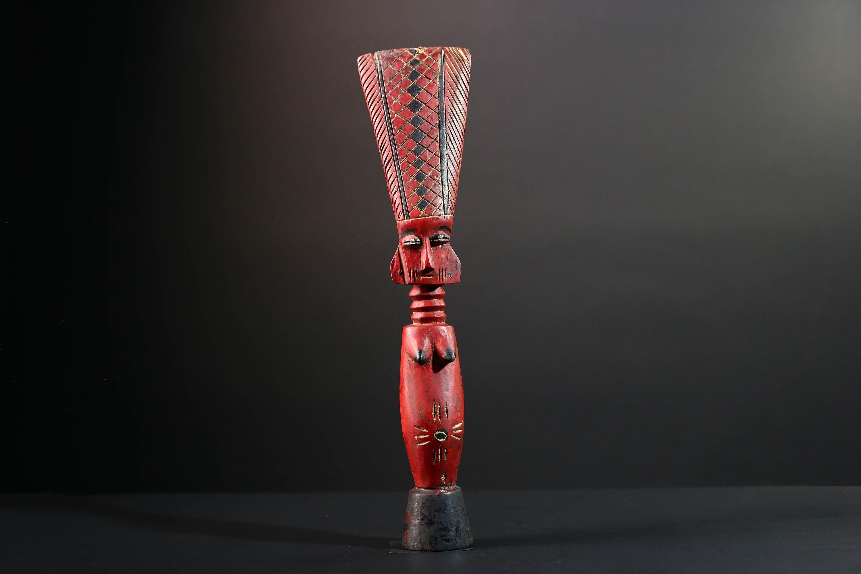 African red fertility figure baule tribal female carving with scarification hand carved wood rustic sculpture gift for her home decor-G5525