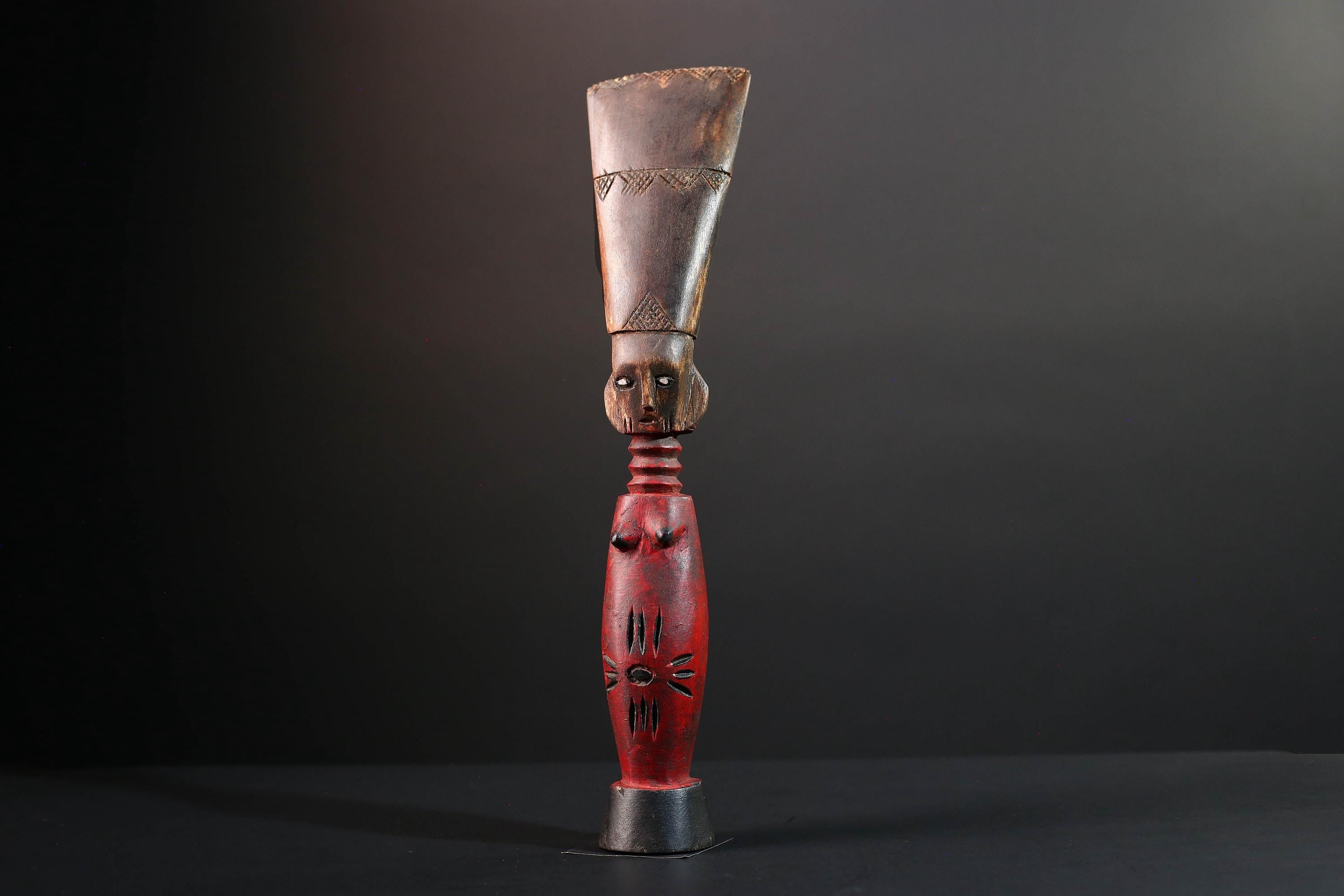Africa fertility statue with red torso and scarification baule tribal female figure hand carved wood sculpture rustic gift for her art-G5524