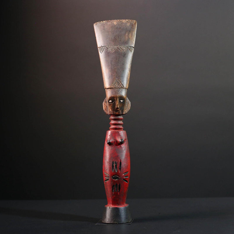 Africa fertility statue with red torso and scarification baule tribal female figure hand carved wood sculpture rustic gift for her art-G5524