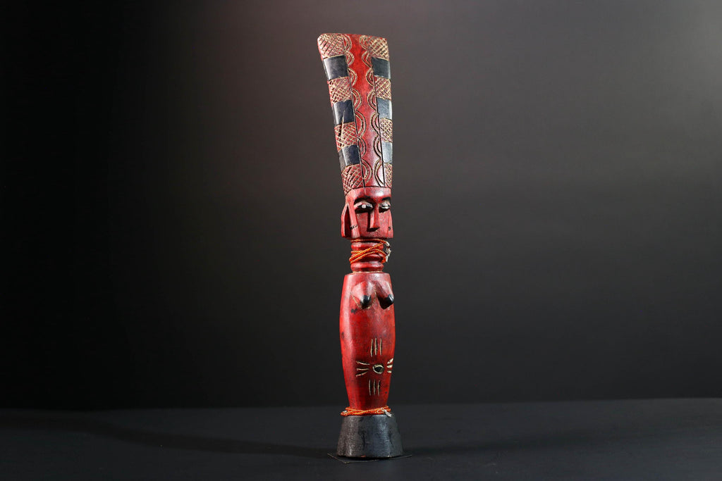 African red fertility sculpture baule tribal wood female figure with beads scarification rustic carving gift for her home decor statue-G5523