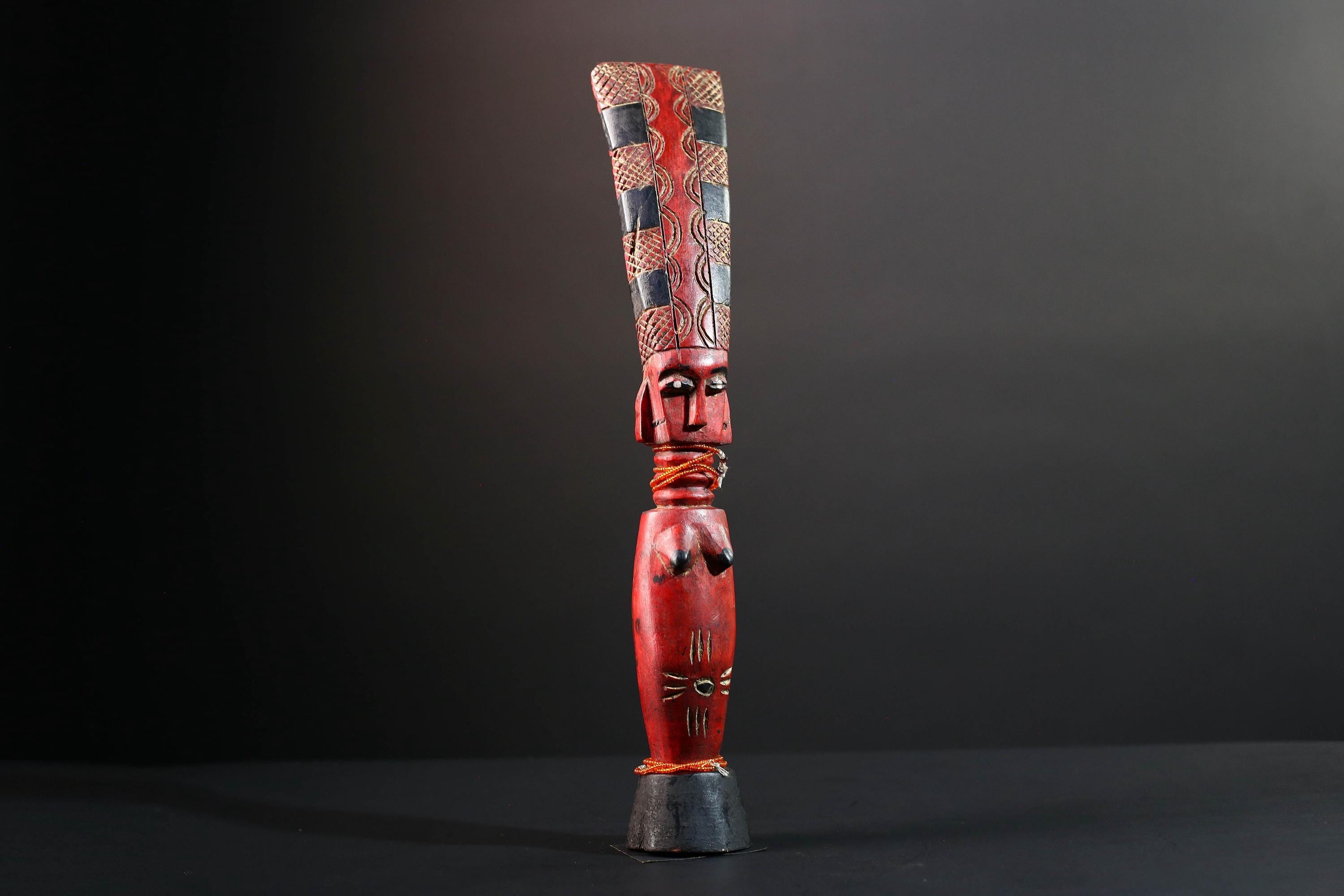 African red fertility sculpture baule tribal wood female figure with beads scarification rustic carving gift for her home decor statue-G5523